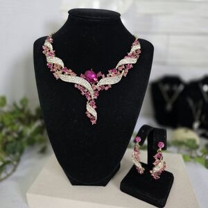 Gold with Pink Statement Necklace and Earrings Set